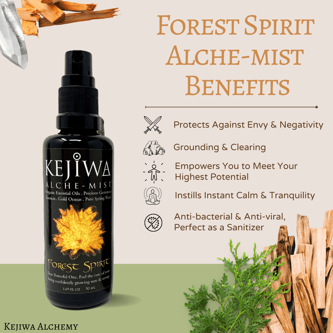 Forest Spirit aromatherapy mist bottle and nature backdrop