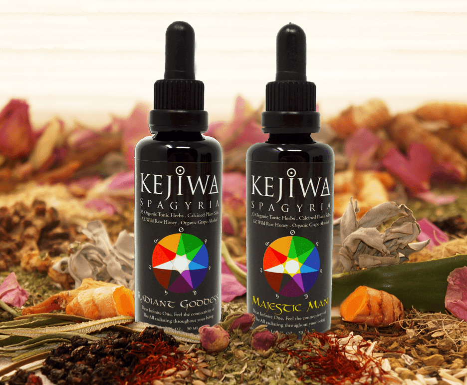 Woman holding herbal elixir bottle in nature scene