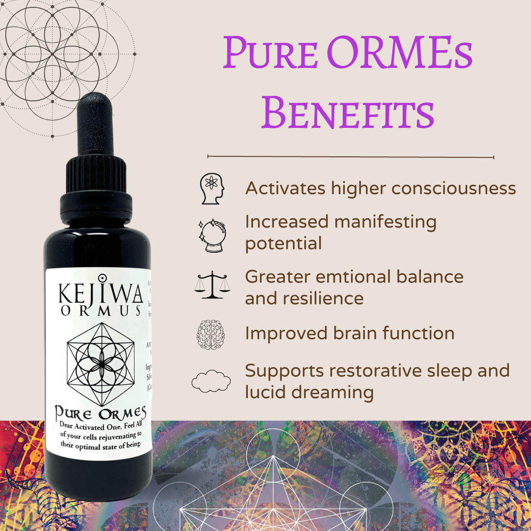 Pure ORMEs elixir benefits with glowing energy chart