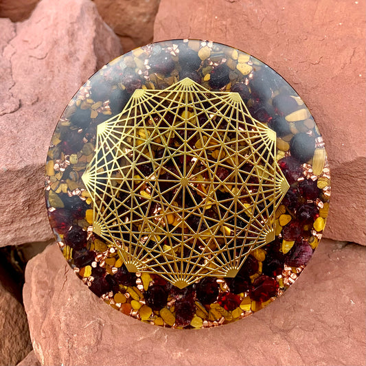 Rooted Resilience Orgonite Altar Plate 4in with Red Garnet, Tigers Eye, Dodecagon Sacred Geometry