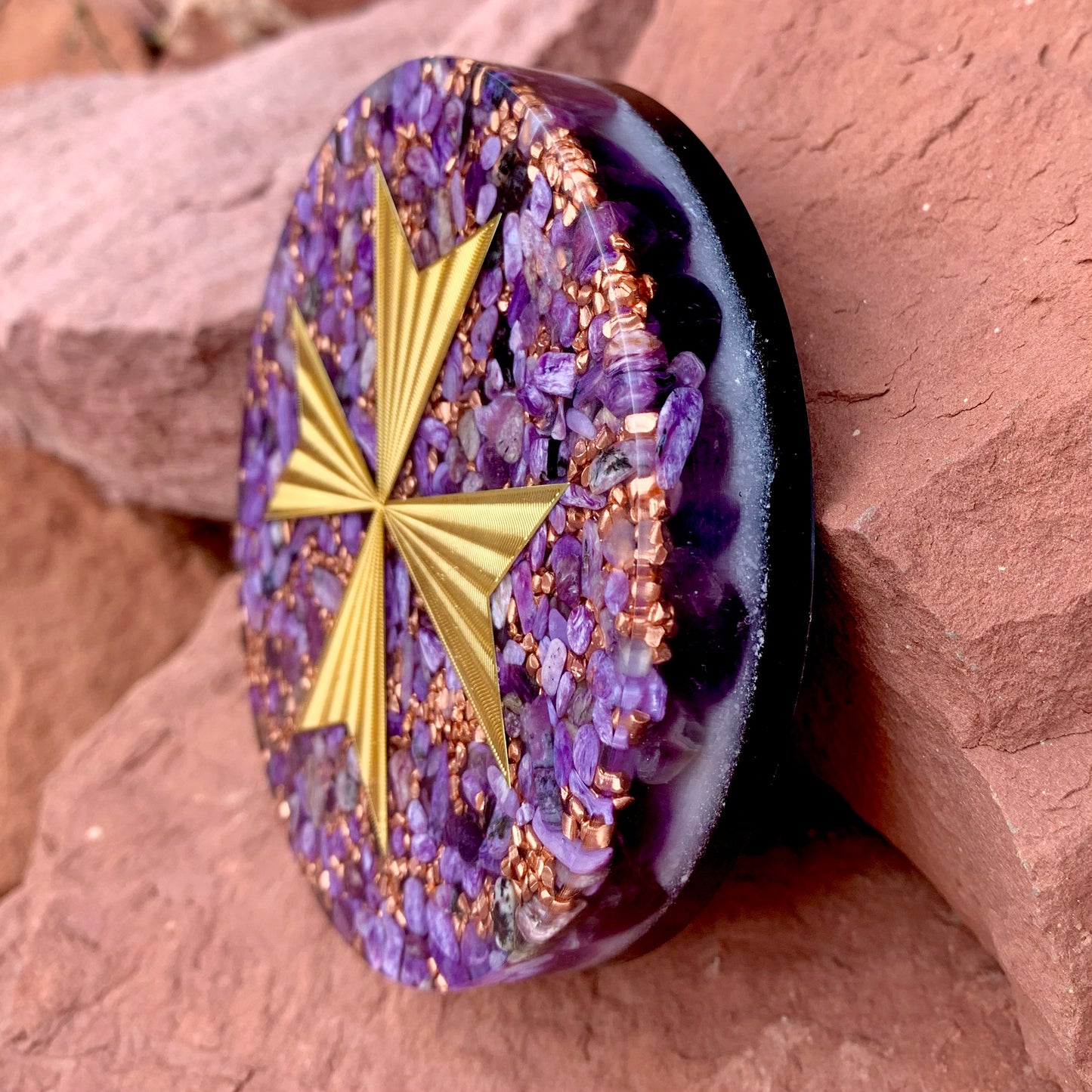 Violet Flame Maltese Cross Orgonite Altar Plate 4" - Kejiwa Alchemy