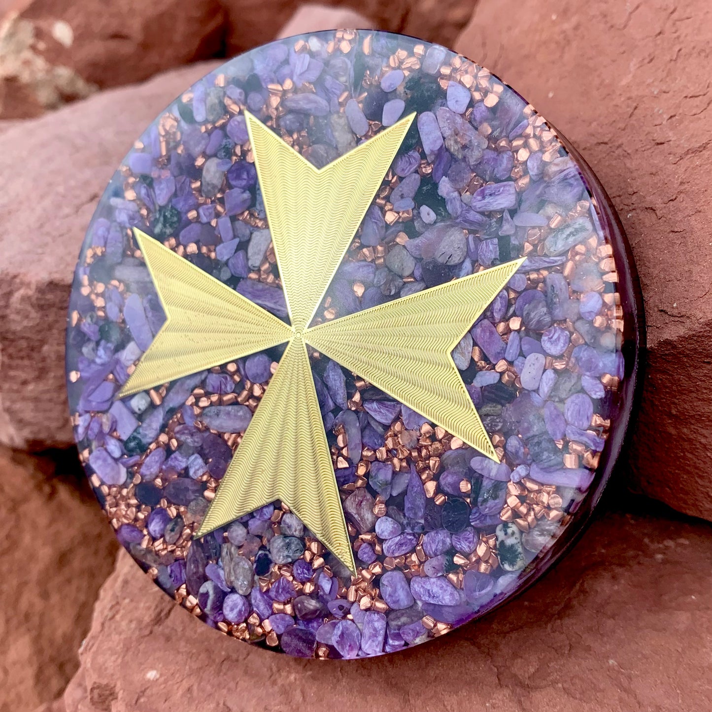 Violet Flame Maltese Cross Orgonite Altar Plate 4" - Kejiwa Alchemy