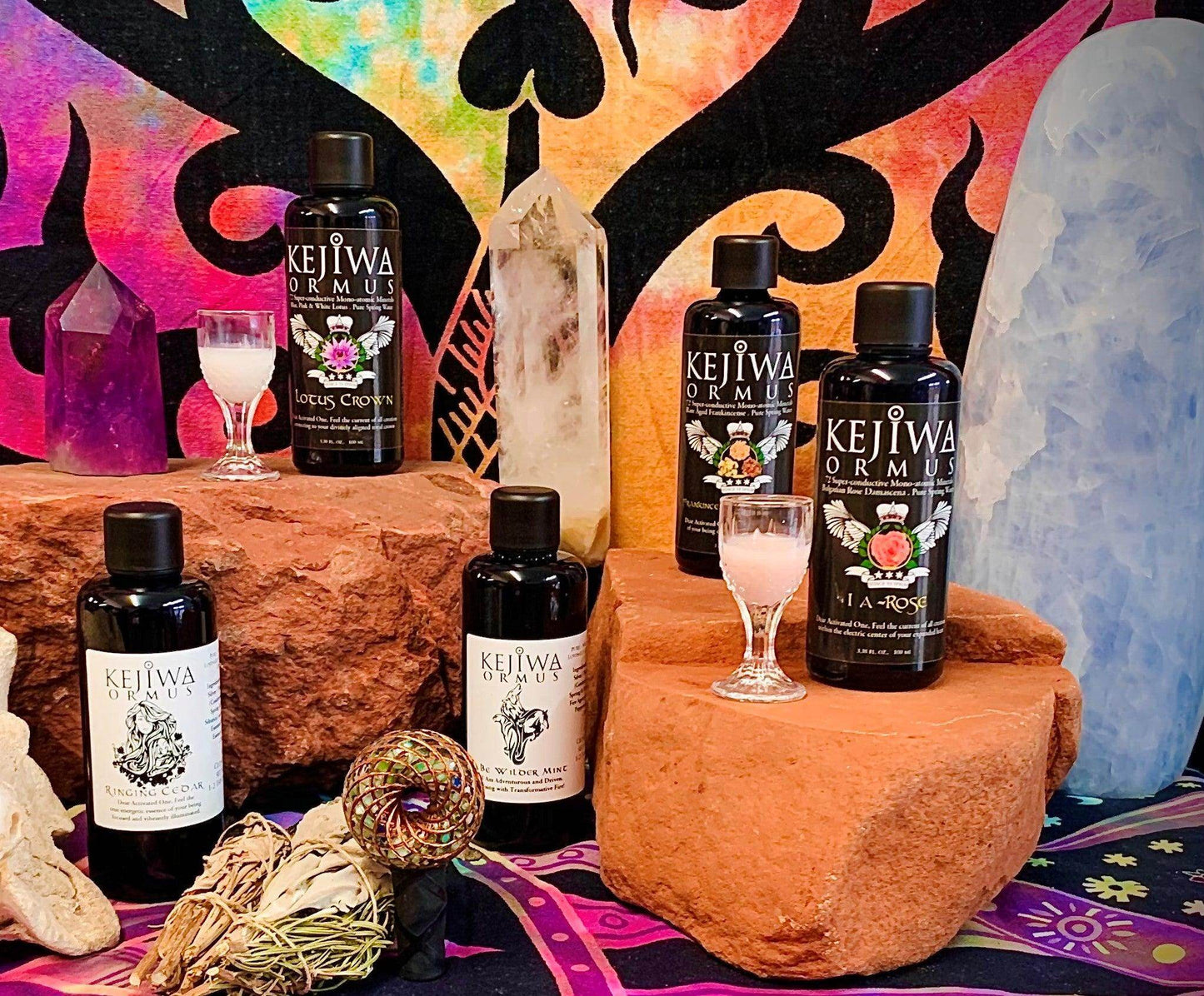 Ormus altar with ritual tools and glass bottles