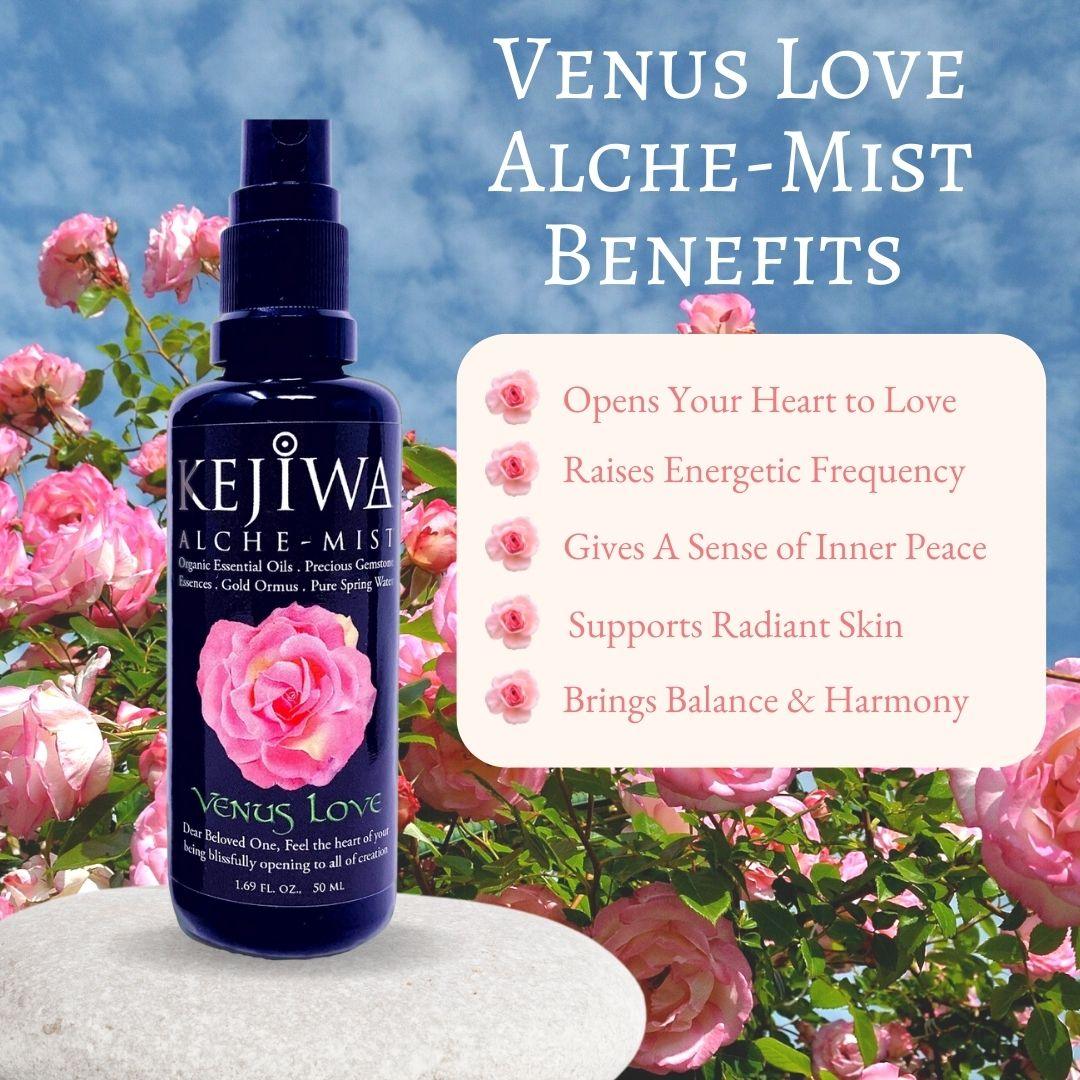 Venus Love Alche-Mist bottle with benefits listed