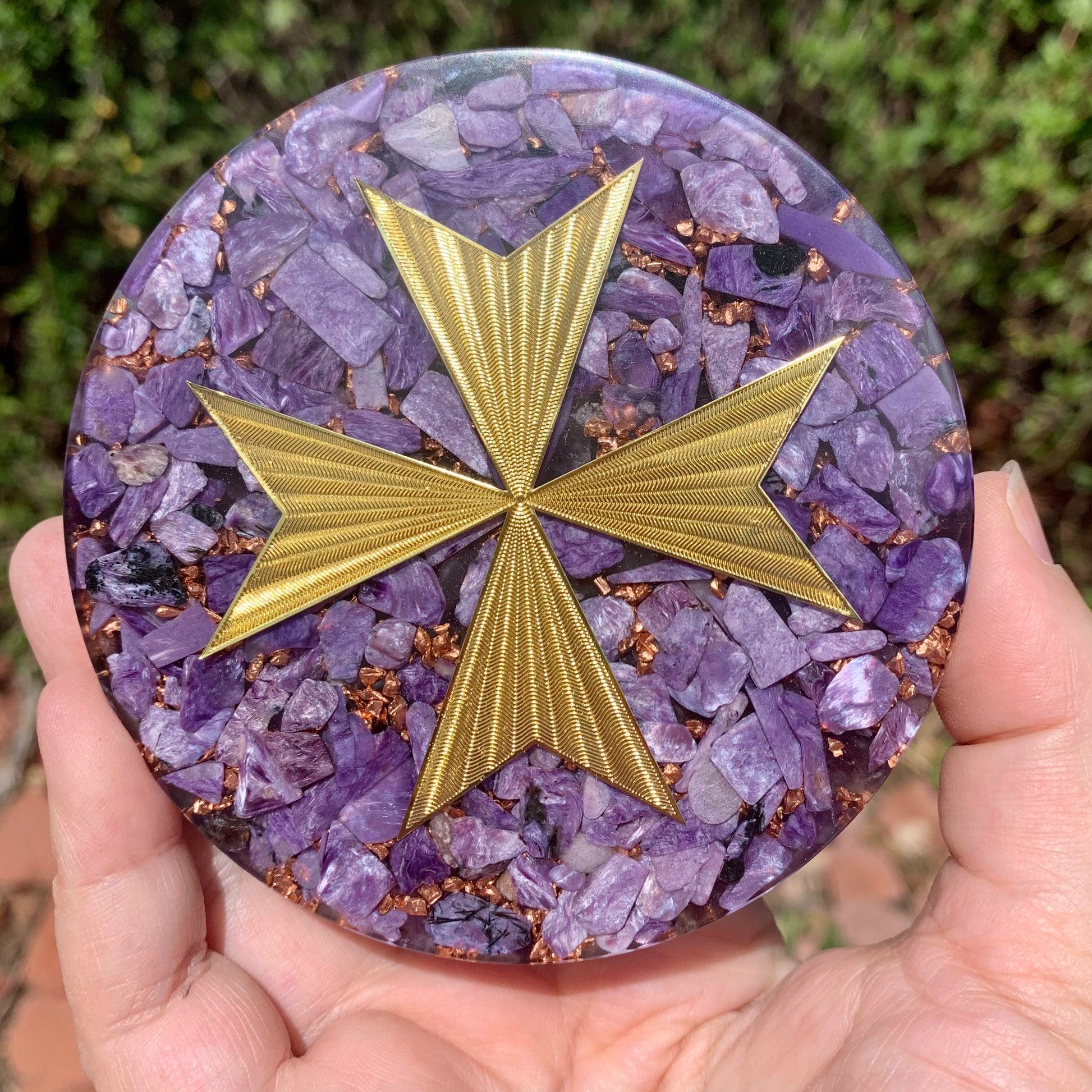 Violet Flame Maltese Cross Orgonite Altar Plate 4" - Kejiwa Alchemy