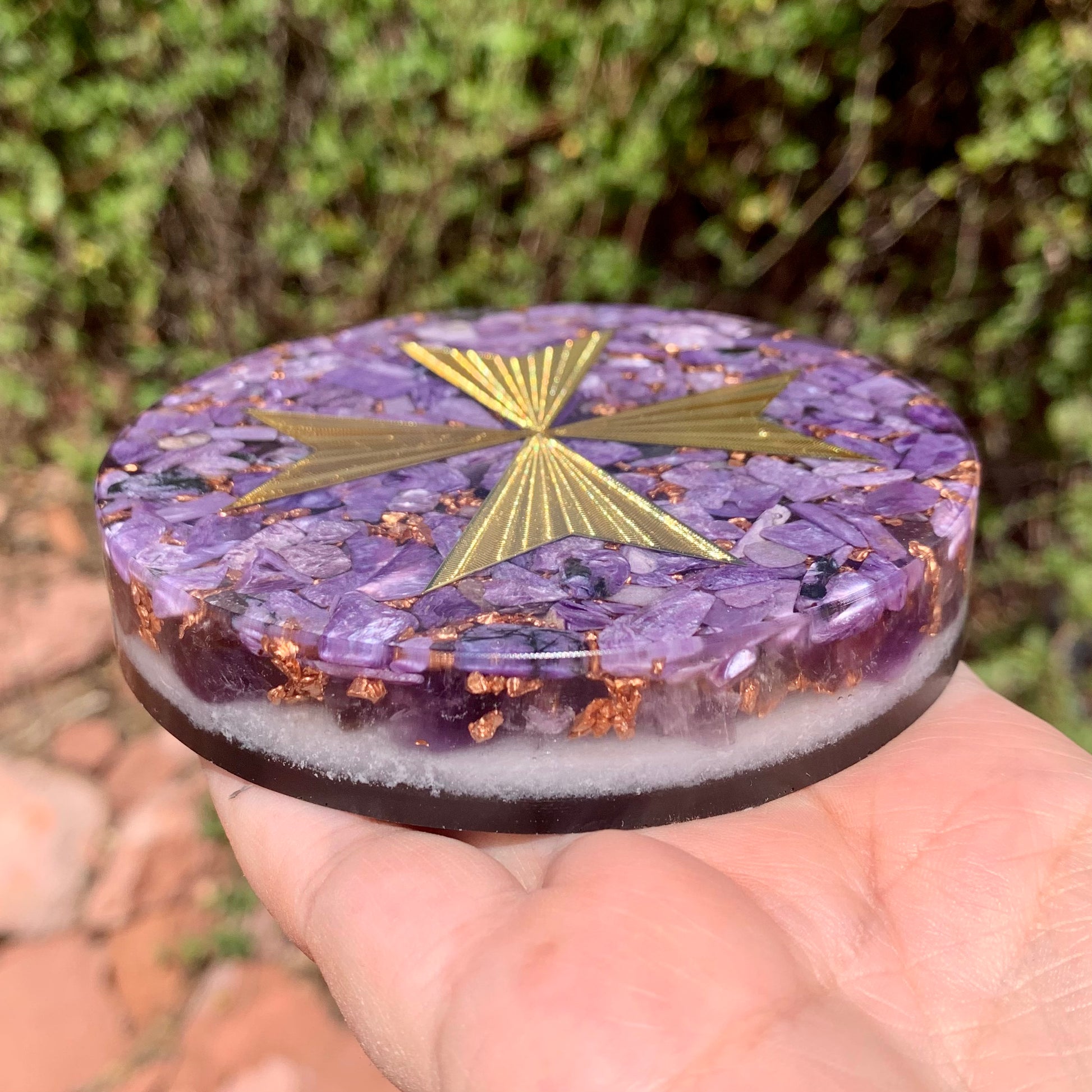 Violet Flame Maltese Cross Orgonite Altar Plate 4" - Kejiwa Alchemy
