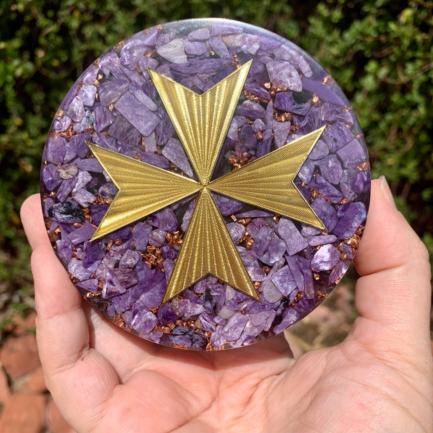 Violet Flame Maltese Cross Orgonite Altar Plate 4" - Kejiwa Alchemy