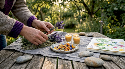 Hands arranging botanical ritual tools on sunlit altar
