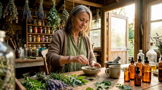 Herbalist preparing alchemical tinctures at home