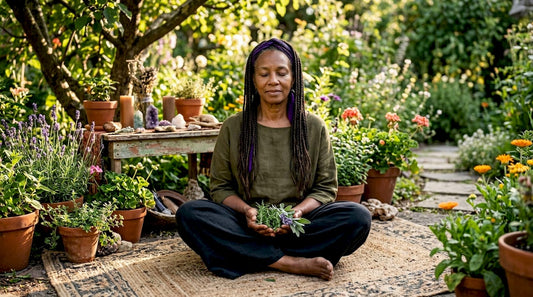 Woman praying with herbs in cozy workshop