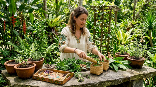 Herbalist sorting dried herbs in greenhouse