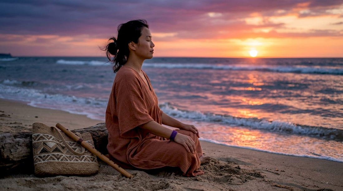 Woman meditating peacefully in forest