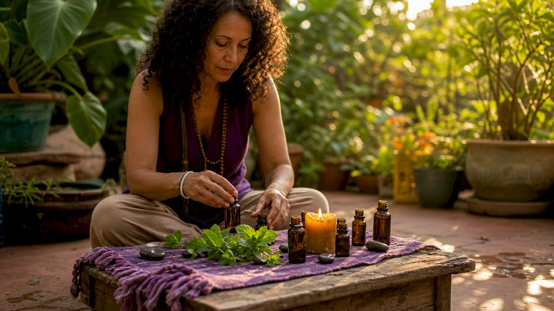 Woman preparing aromatherapy ritual setup