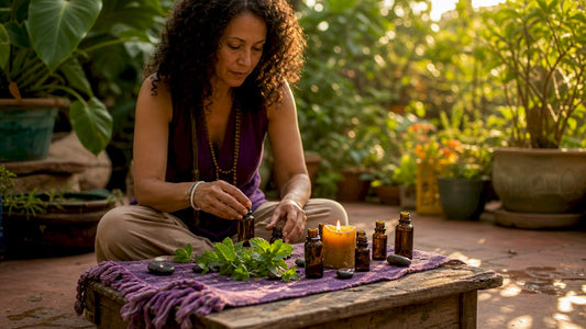 Woman preparing aromatherapy ritual setup