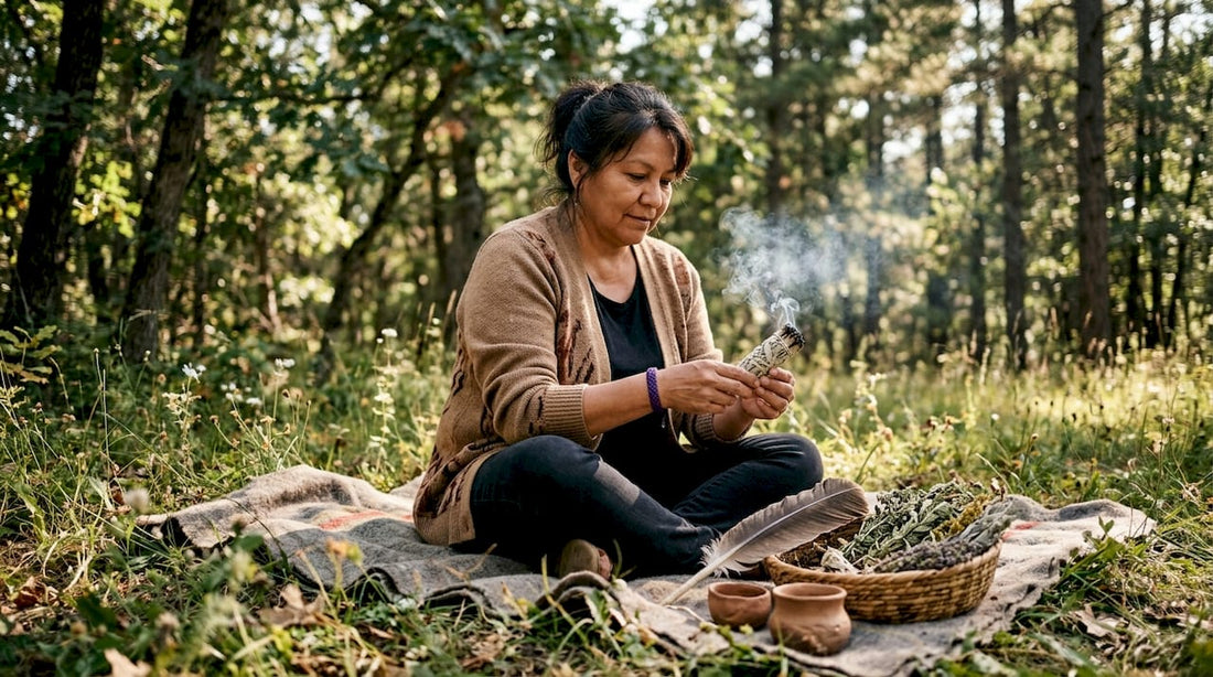 Indigenous woman performing sage smudging ceremony