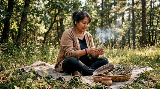 Indigenous woman performing sage smudging ceremony