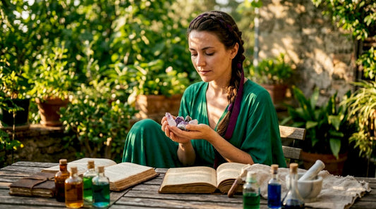 Woman examining raw crystals in alchemy lab