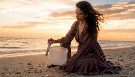 Woman practicing vibrational sound healing with singing bowl