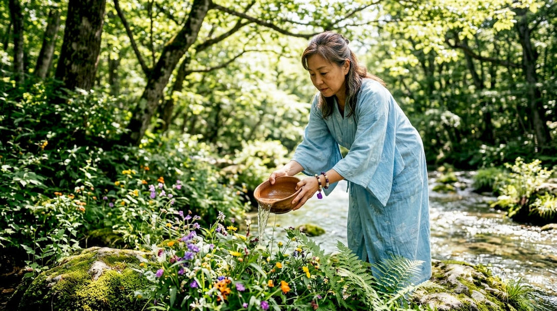 Woman pouring water in natural spring at dawn