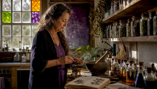 Herbalist preparing tinctures in natural workspace