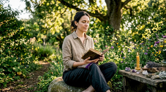 Woman meditating with alchemy manuscript in home