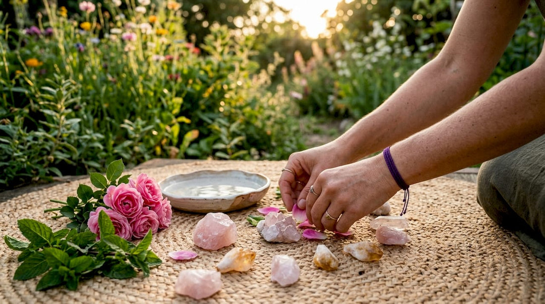 Hands arranging crystals and botanicals in ritual