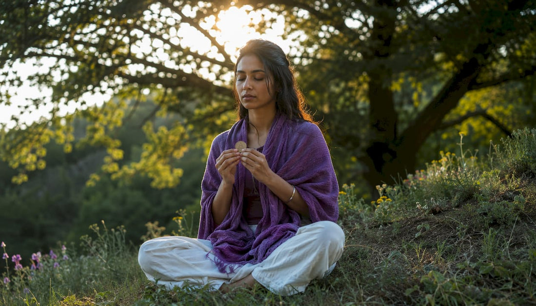 Woman meditating with alchemy talisman indoors