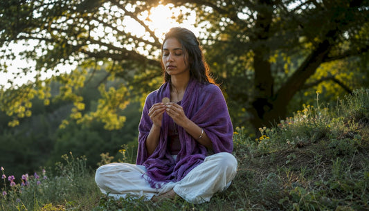 Woman meditating with alchemy talisman indoors