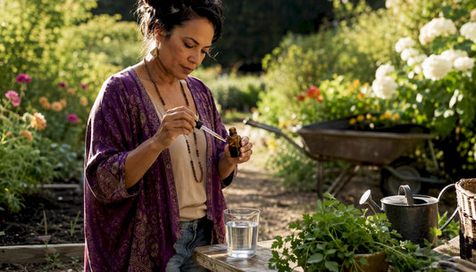Woman measuring Ormus minerals at kitchen table