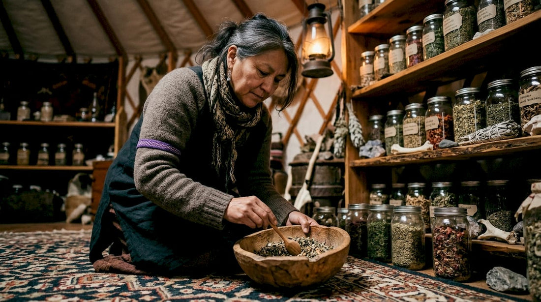 Woman preparing ancestral botanical herbs outdoors