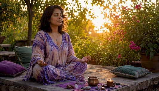 Woman meditating during spiritual ritual at home