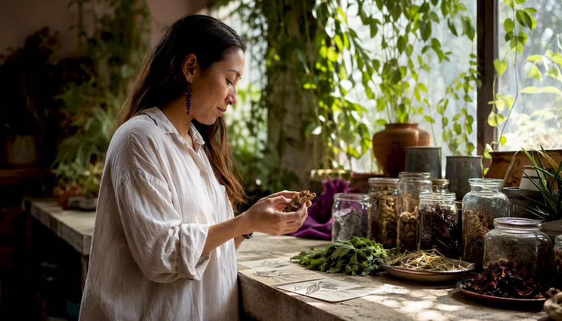 Herbalist inspecting adaptogenic plants indoors