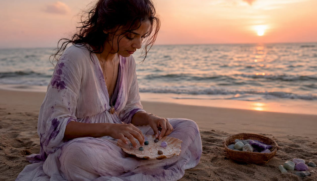 Woman arranging crystal grid with Seed of Life pattern