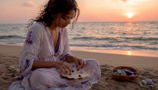 Woman arranging crystal grid with Seed of Life pattern