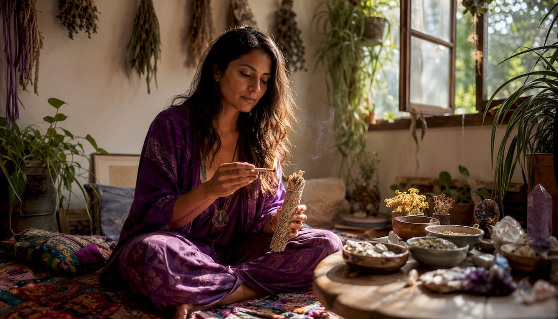 Woman preparing a botanical smudging ritual indoors