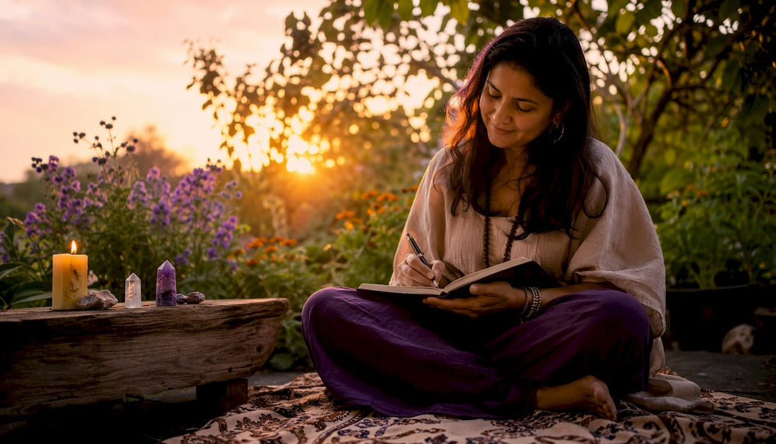 Woman writing gratitude journal in meditation room