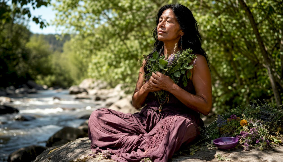Woman connecting with plant spirits outdoors