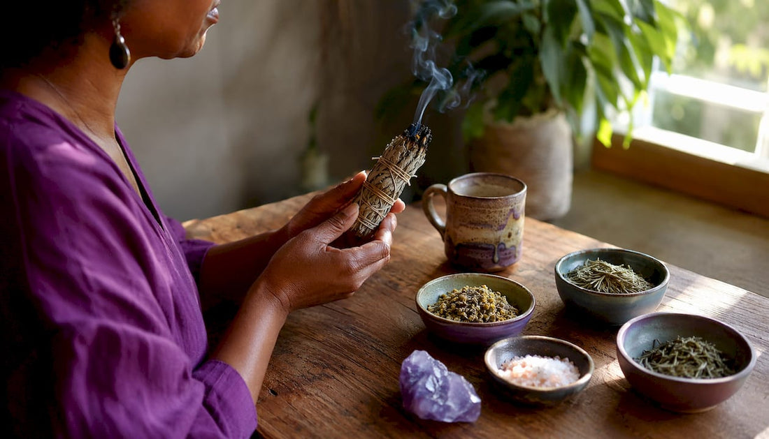 Woman lighting sage bundle for cleansing ritual