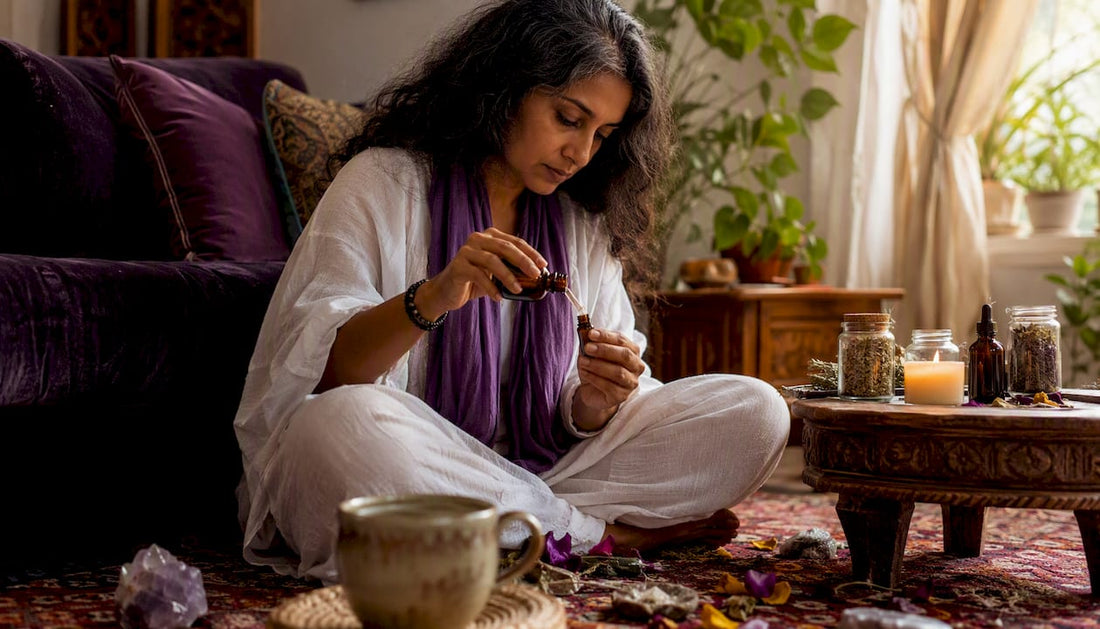 Person performing morning herbal ritual at home altar