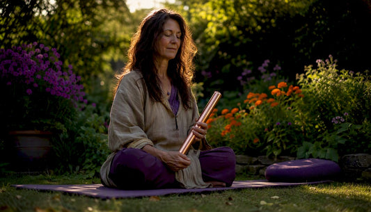 Woman meditating with copper wand in home setting