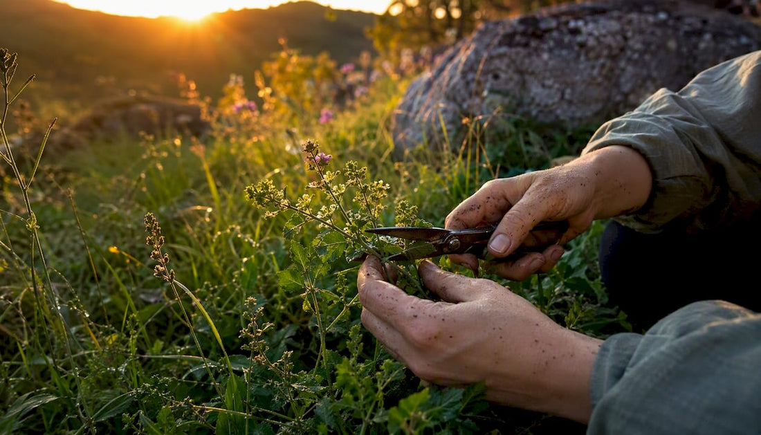 Hands harvesting wild plants in forest