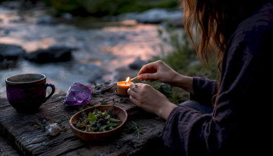 Hands lighting candle on new moon altar