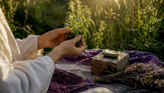 Hands touching fresh wild herb outdoors