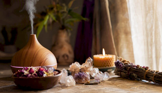 Crystals and essential oil diffuser on ritual altar