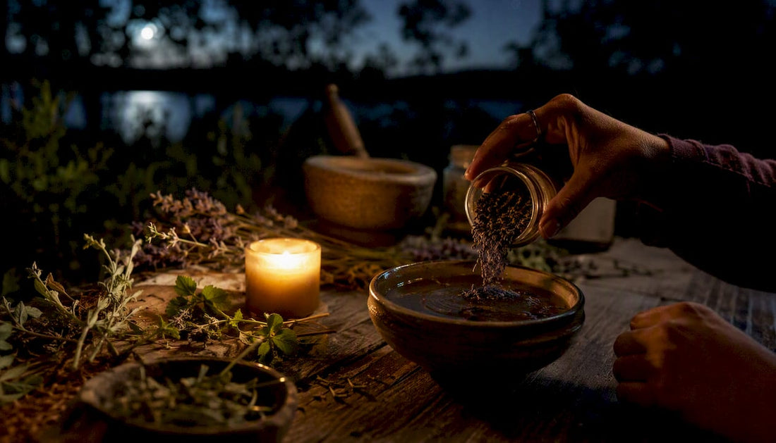 Moonlit ritual altar with herbs and candle