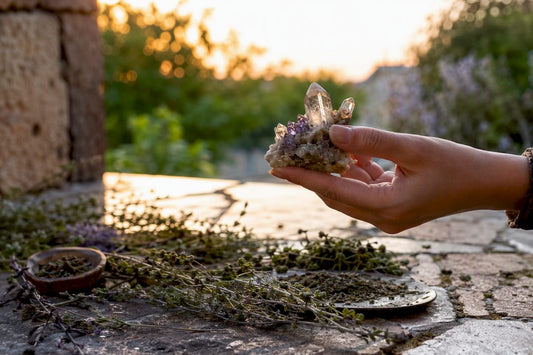 Hand holding crystals on wooden altar at moonlight