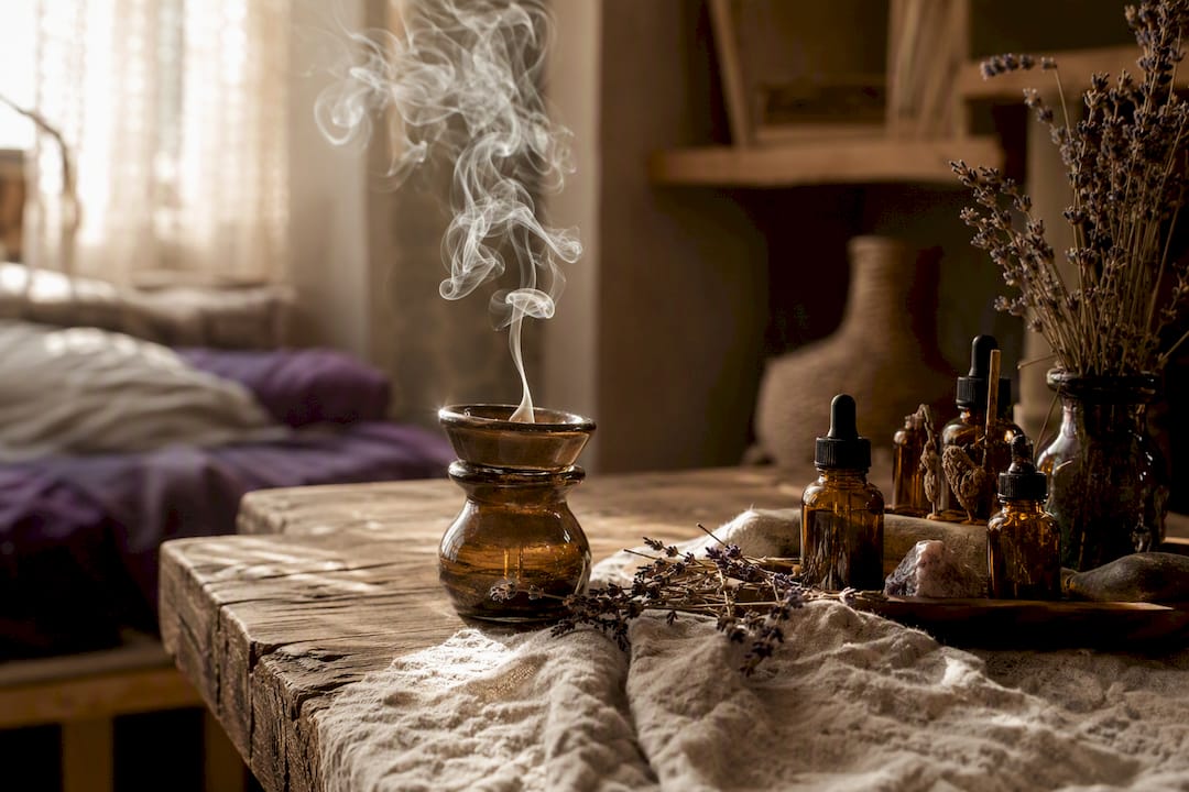 Diffuser with essential oils and botanicals on wooden tray