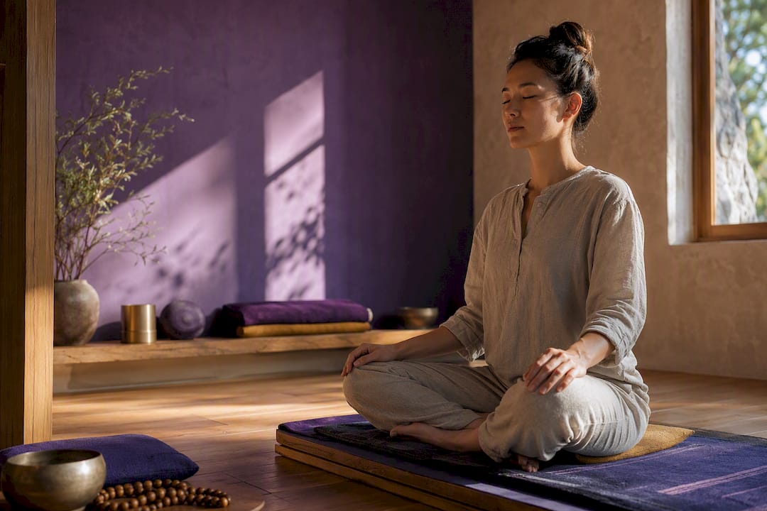 Beginner meditation setup with cushion and ritual tools