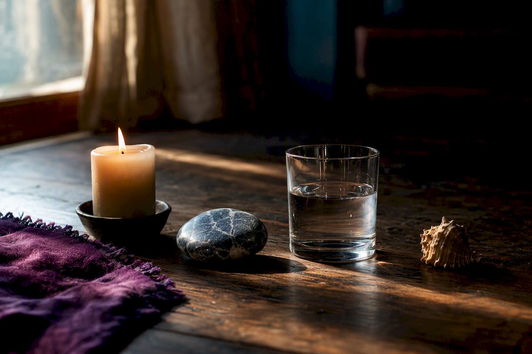 Beginner altar with candle stone and water