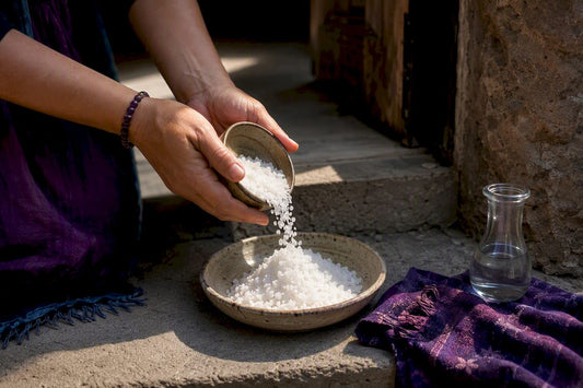 Coarse salt bowl beside a doorway threshold